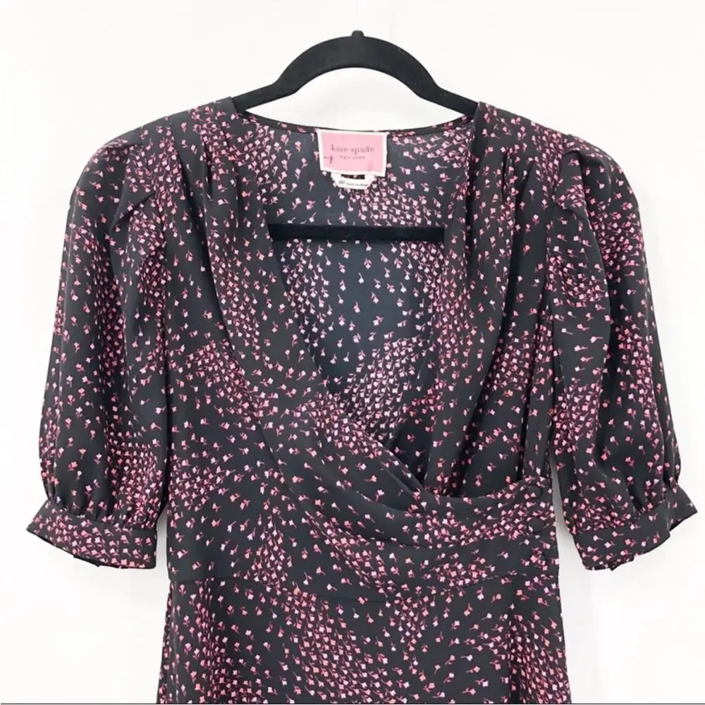 Kate Spade Meadow Wrap Mini Dress Floral Black Pink V-Neck Crepe 00